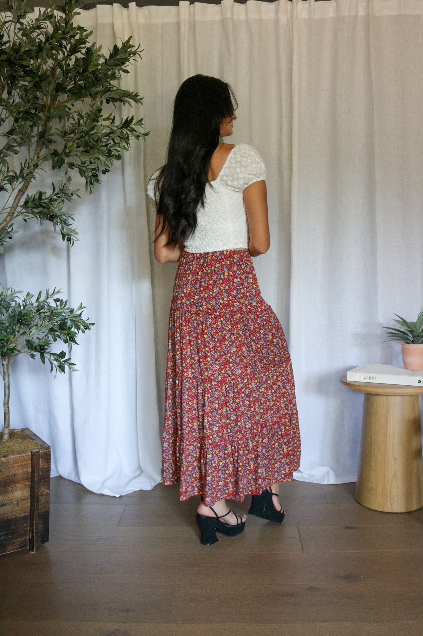 Red Floral Tiered Skirt